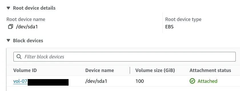 Détail du stockage sur une petite instance