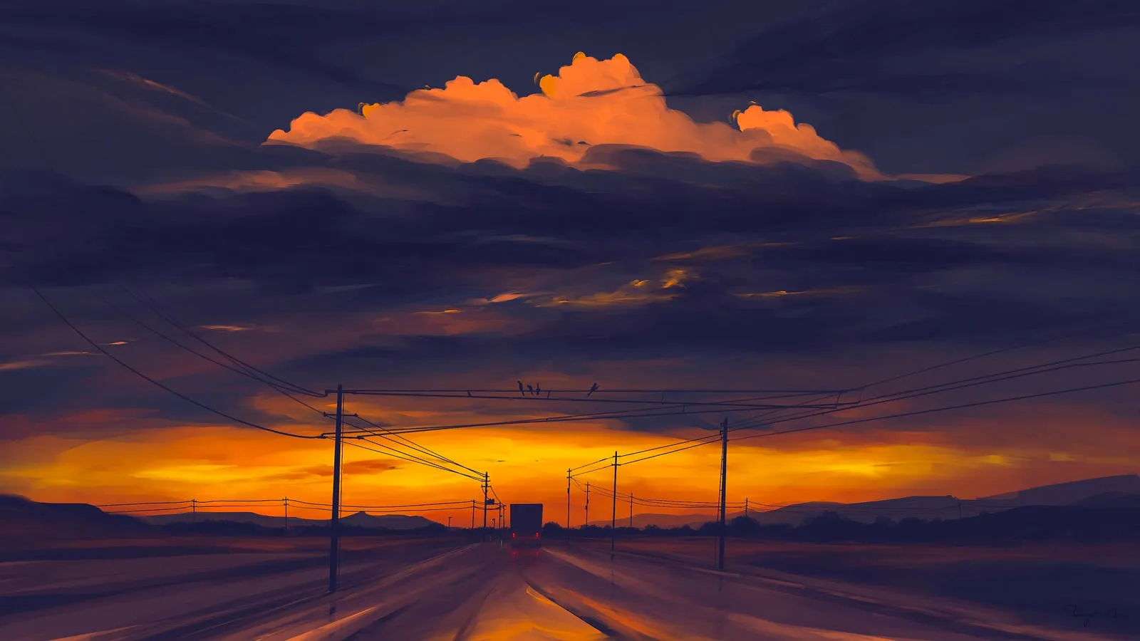 Un camion sur la route avec un soleil couchant.
